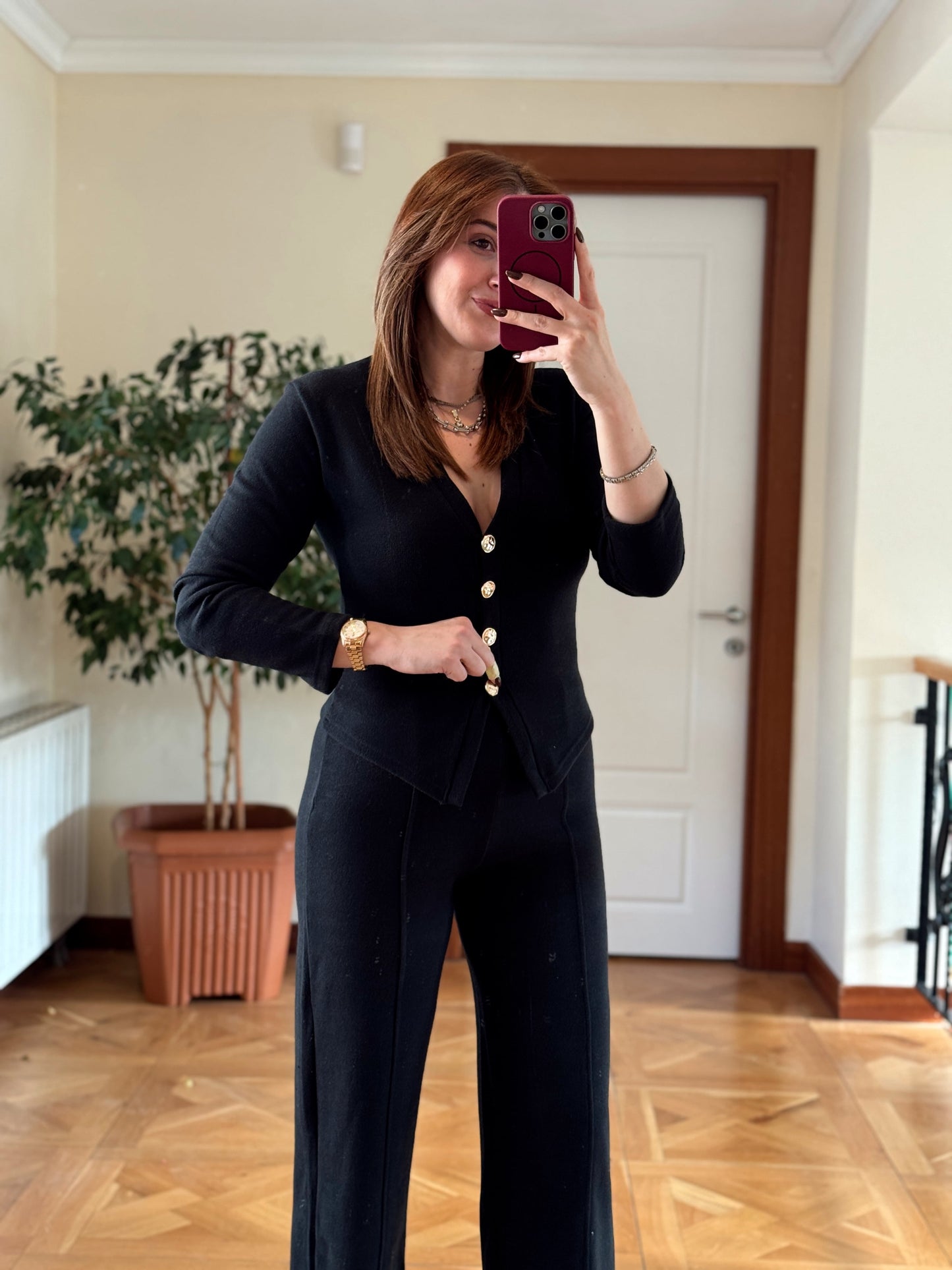 Selanik önü düğmeli ceket çimalı pantolon takım-SİYAH