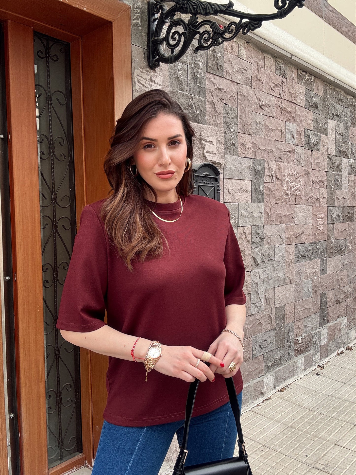 Vatkalı Pamuklu Basic Tişört Bordo