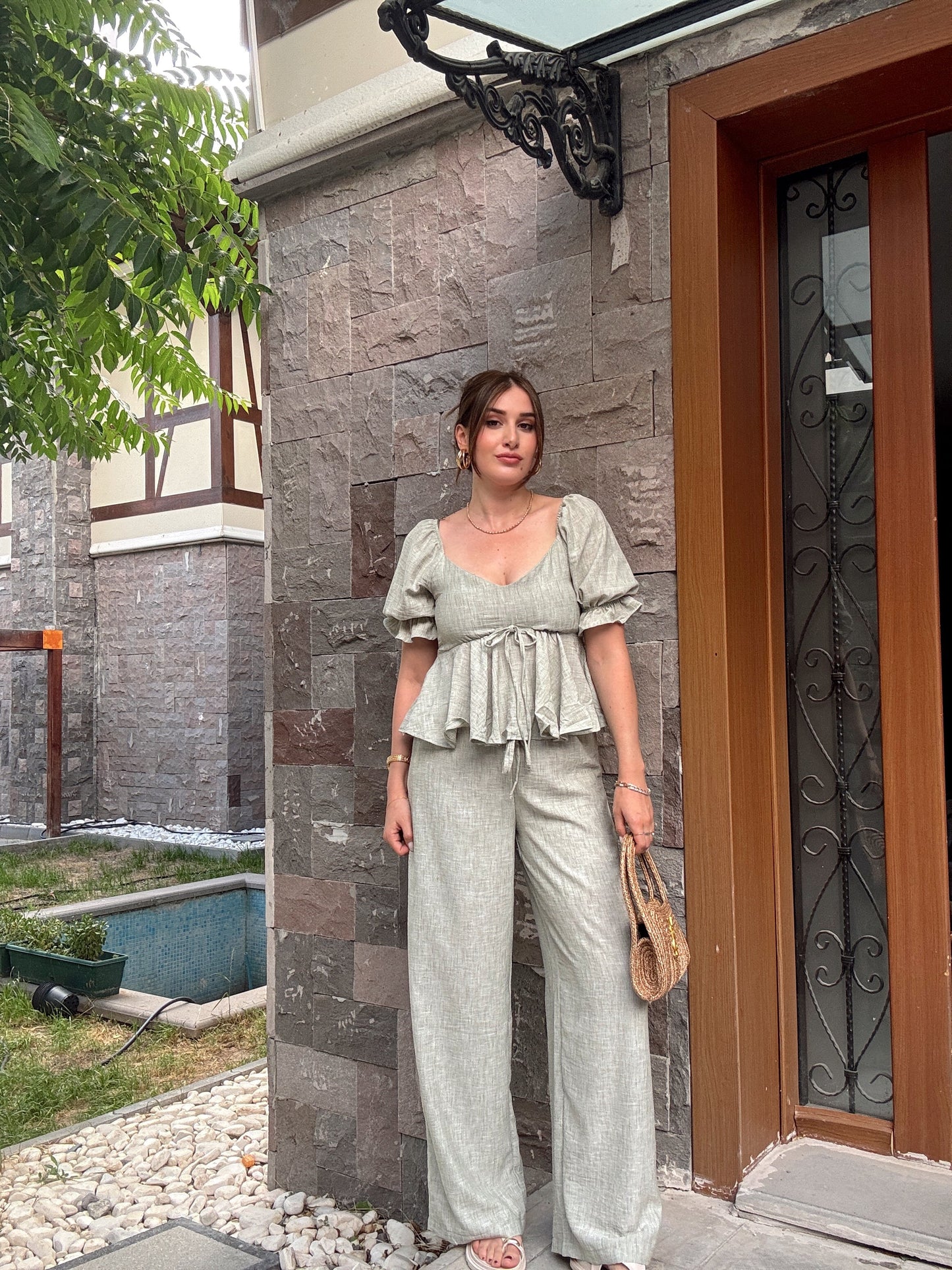 MELODİ keten ikili takım YEŞİL