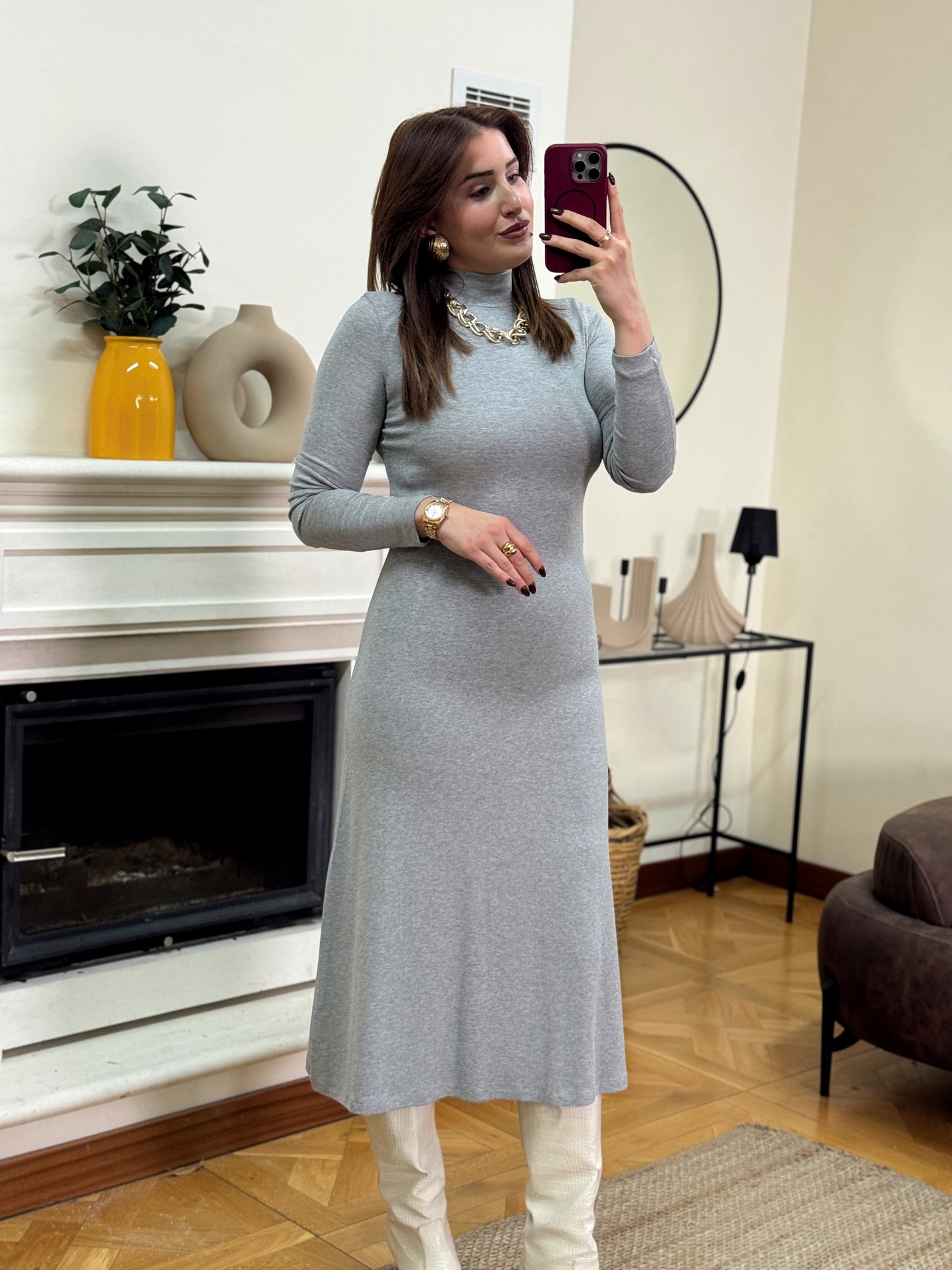 Dik yaka elbise-GRİ