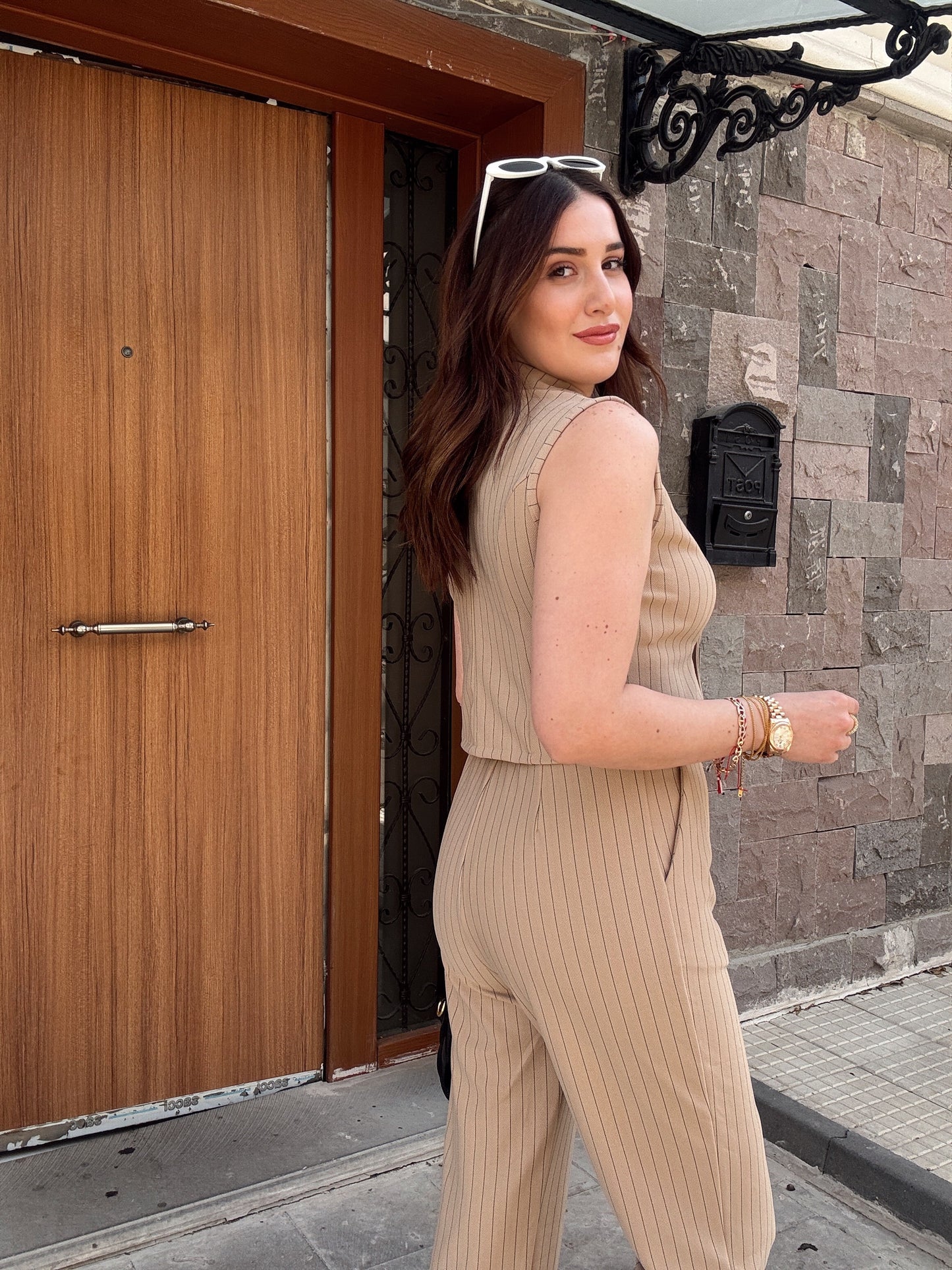 Çizgili Crep Ceket Yaka İkili Takım - BEJ