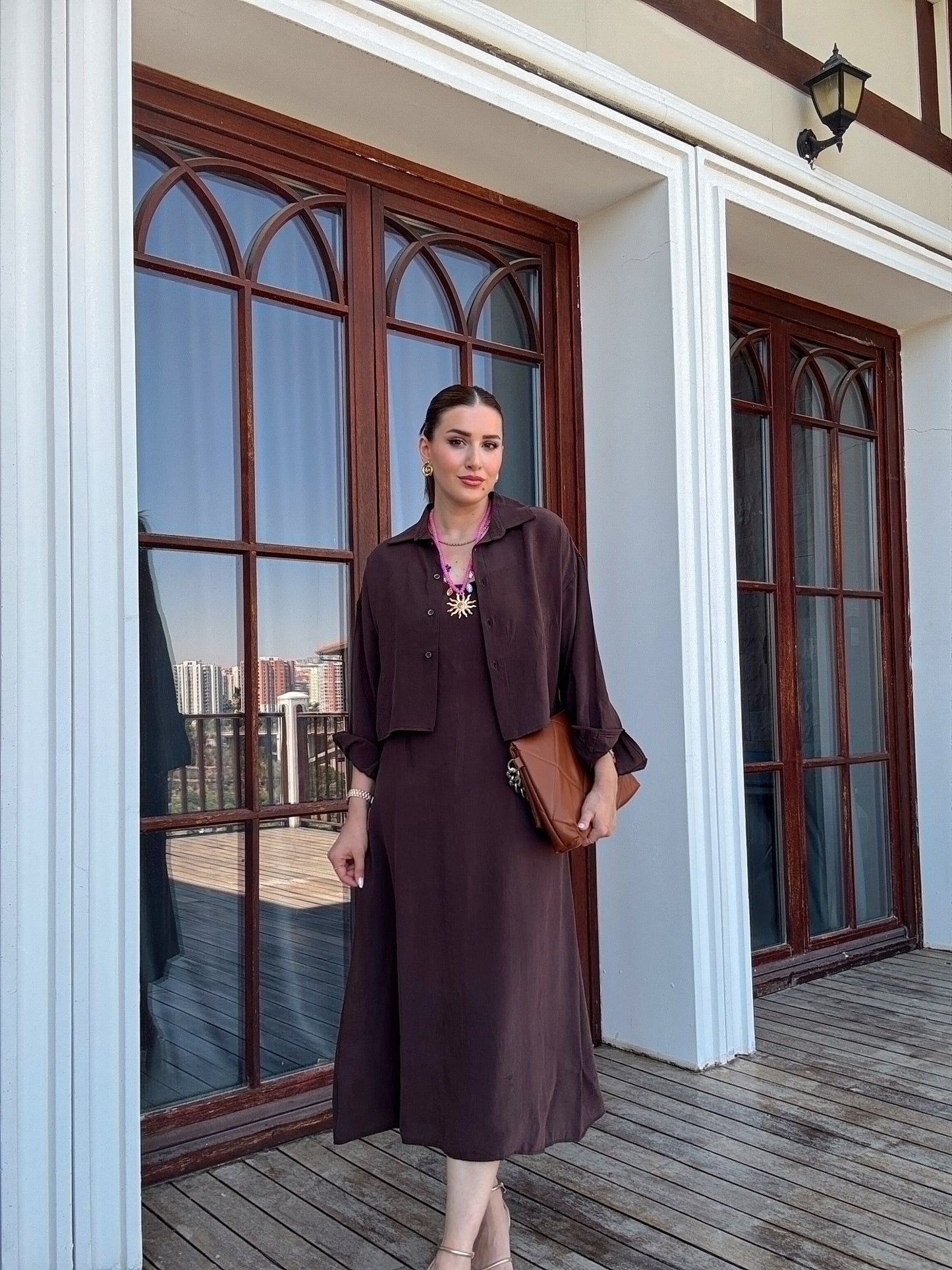 LİZBON gömlek elbiseli ikili takım KAHVERENGİ
