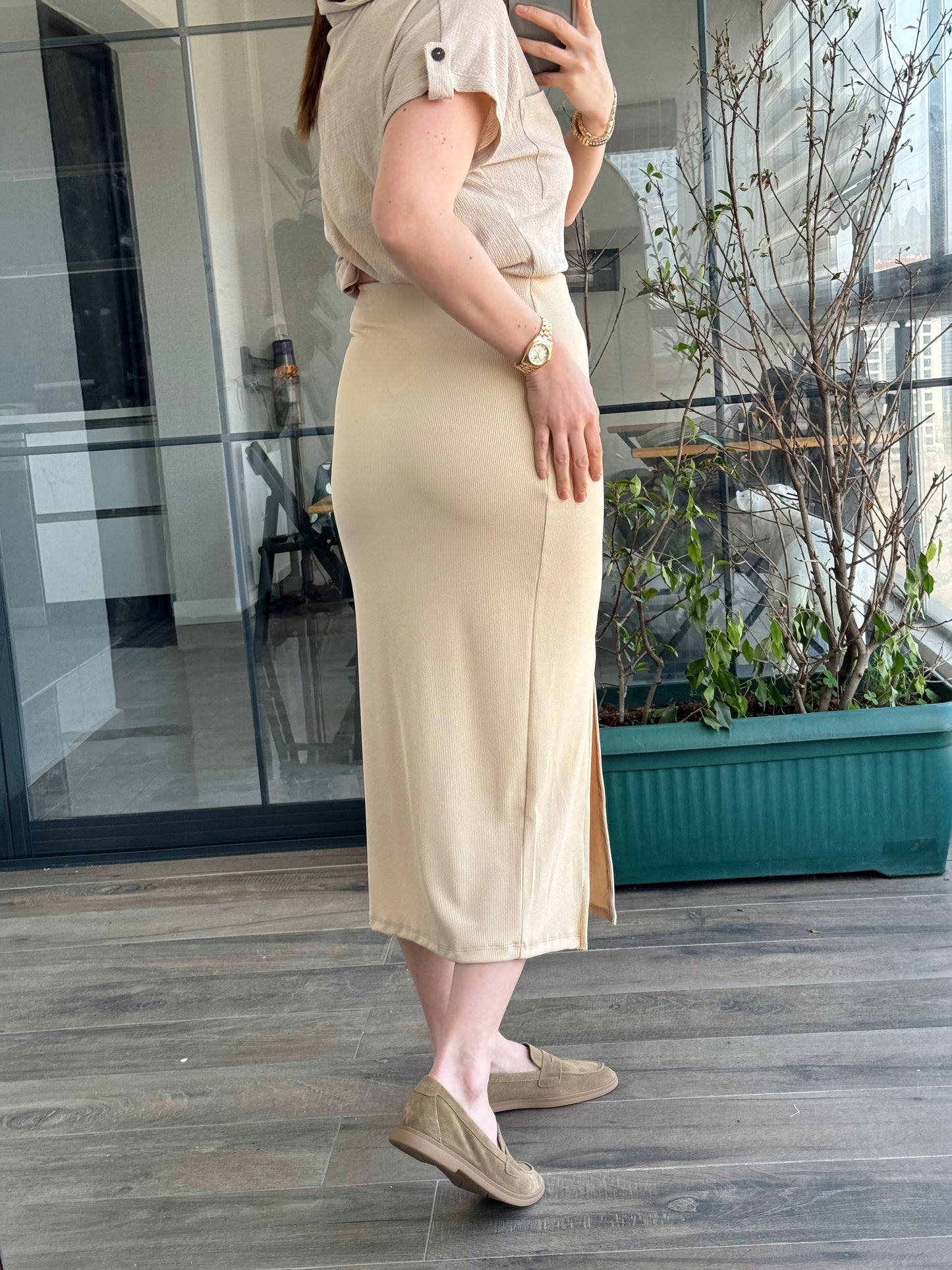 Yırtmaçlı Basic Etek - BEJ