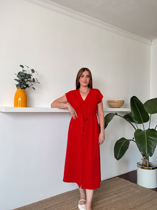 Aerobin Önü düğmeli Kuşaklı Elbise Kırmızı
