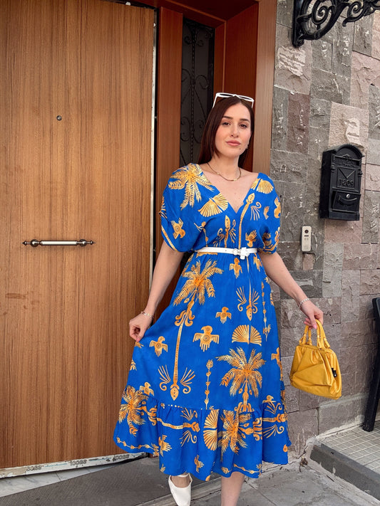 Ön arka v yaka cepli viskon elbise-MAVİ