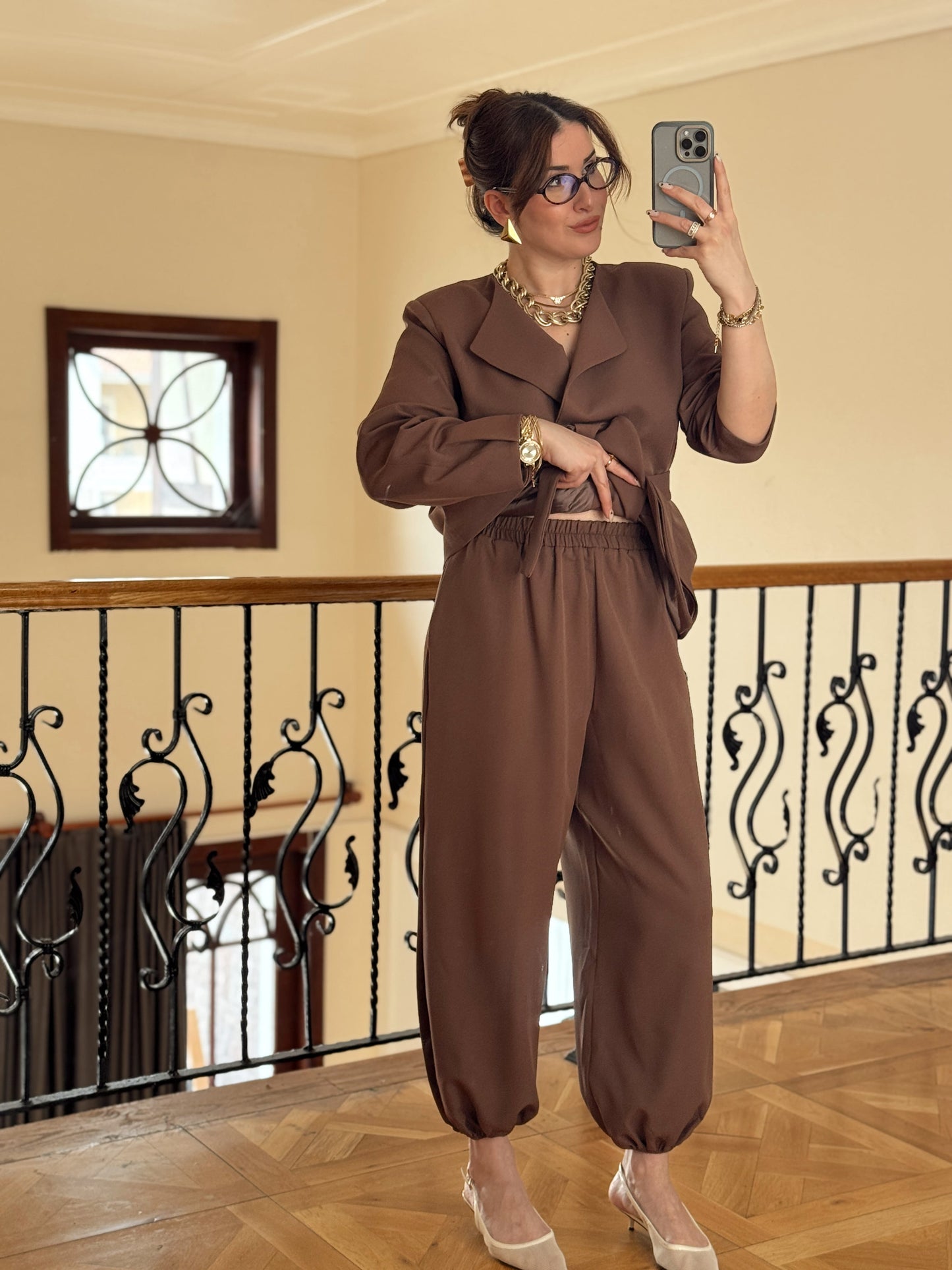 Ceket Kuşaklı Şalvar Takım-KAHVERENGİ