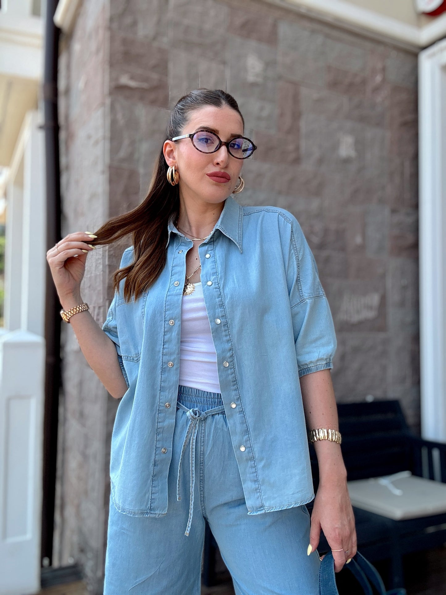 Şortlu oversize kot takım-AÇIK MAVİ
