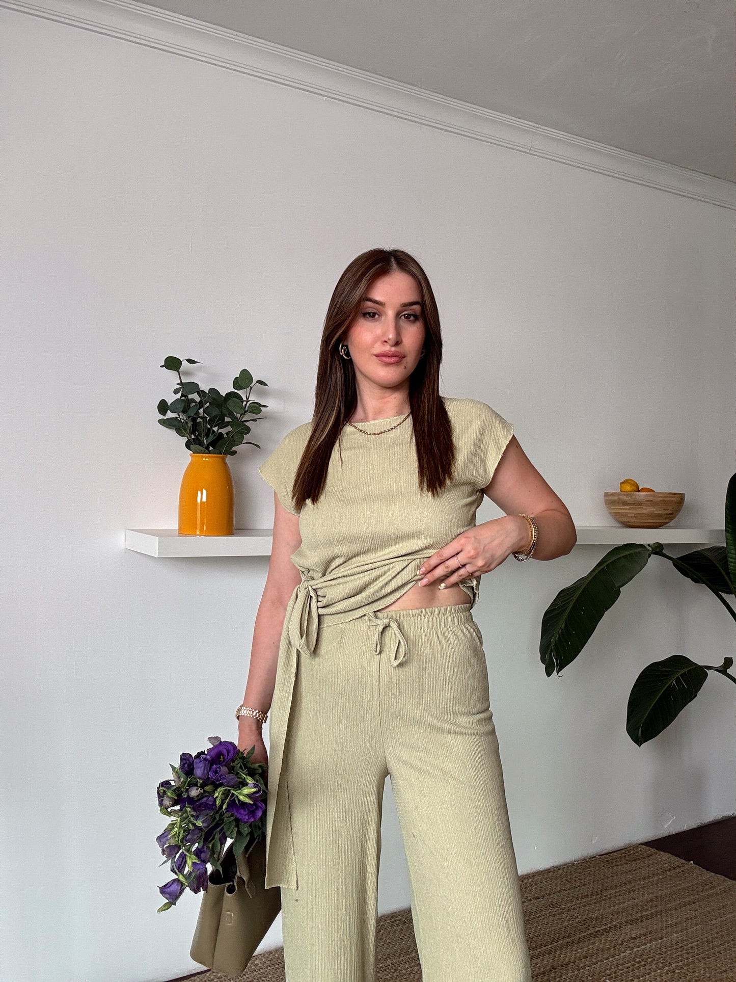 Bağlama detaylı bluz pantolon ikili takım Mint