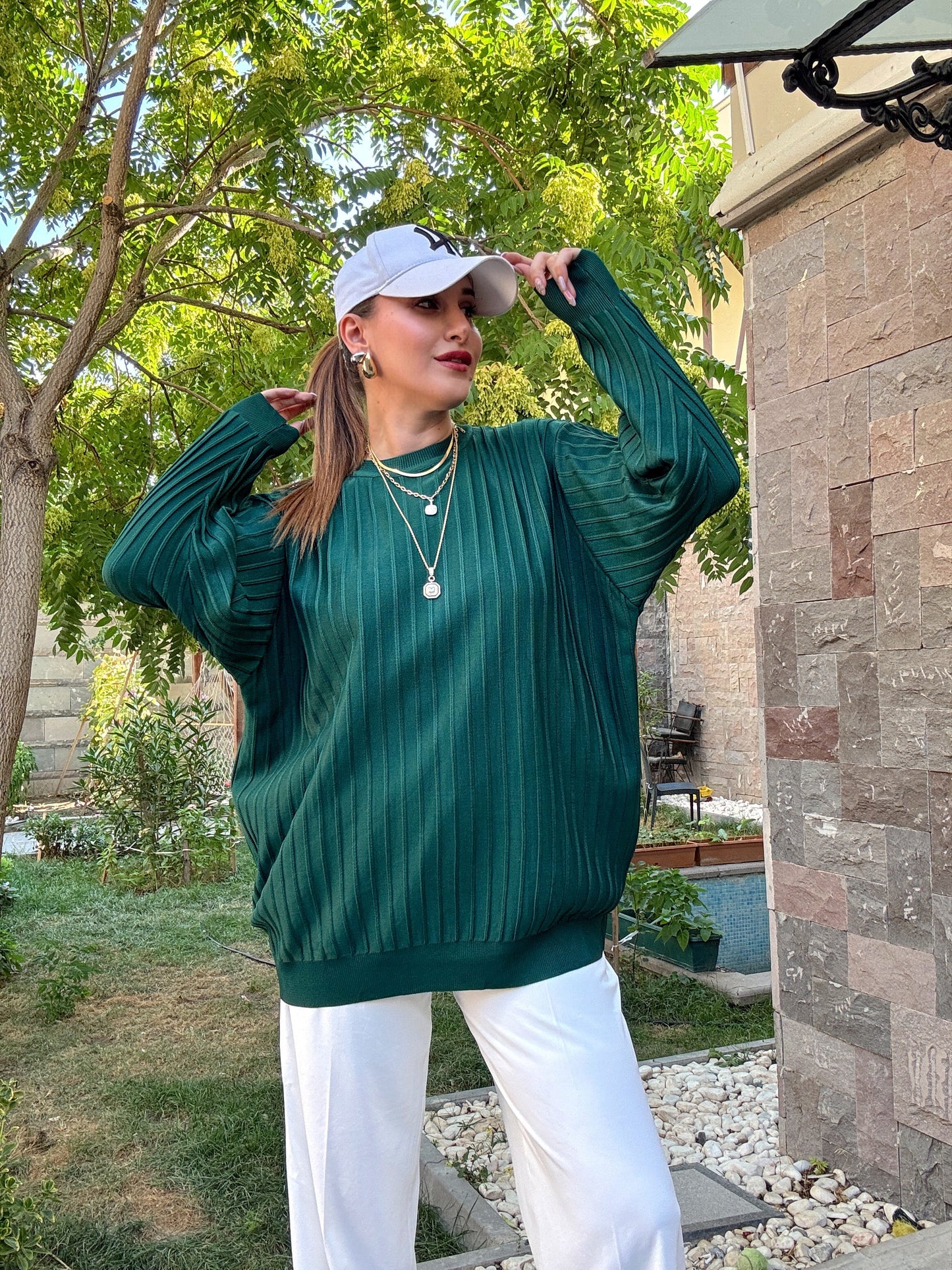 Şerit detaylı oversize premium kazak Zümrüt
