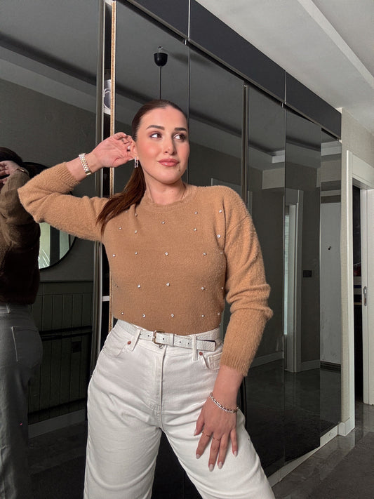 Taşlı sakal triko bluz Camel
