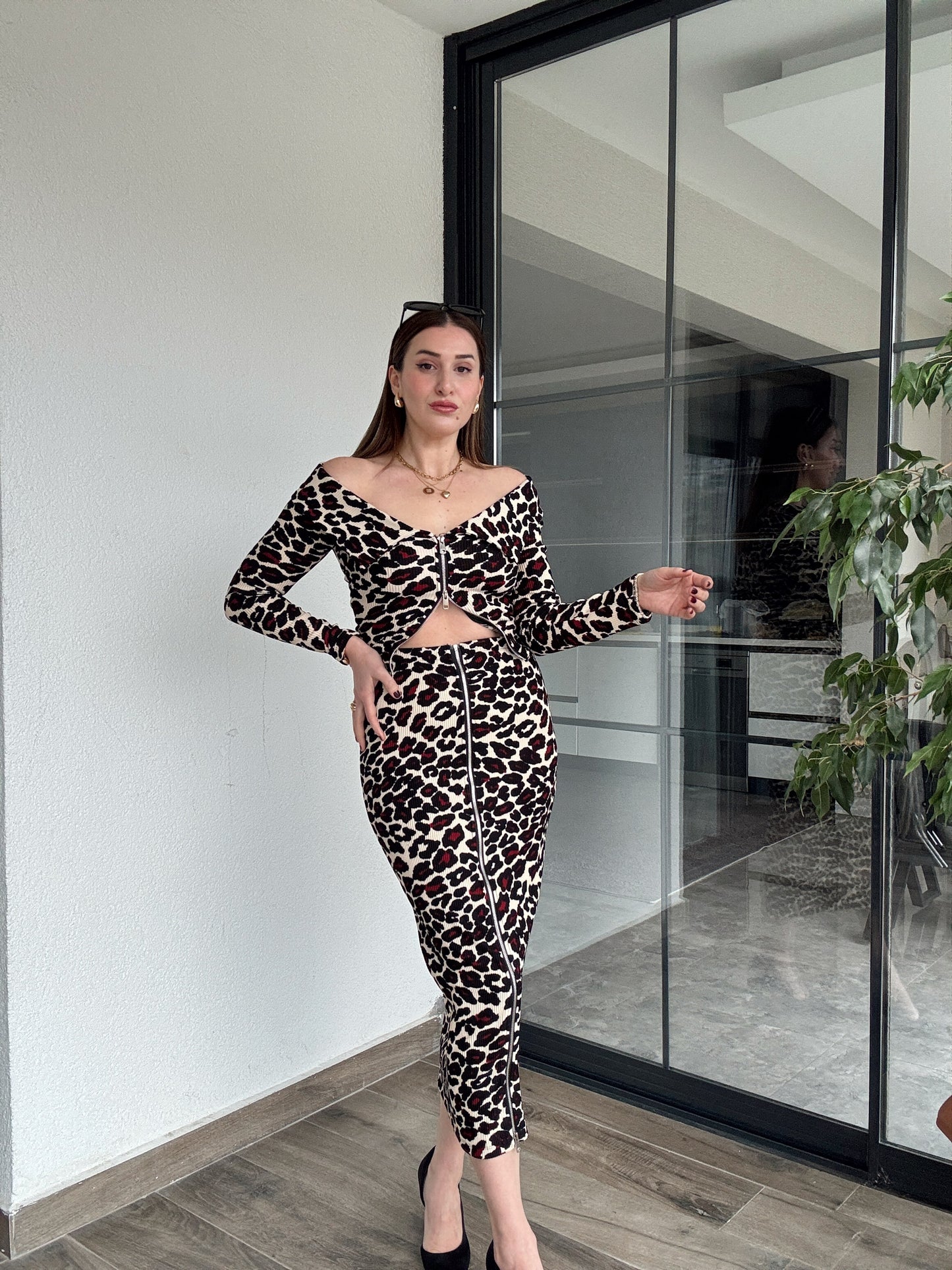 Leopar Desenli Fermuarlı Etek BORDO