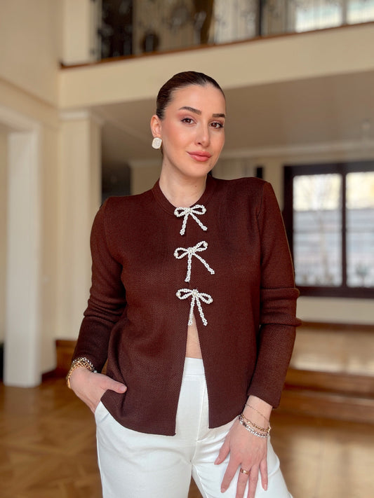 Fiyonk inci taşlı hırka-KAHVERENGİ