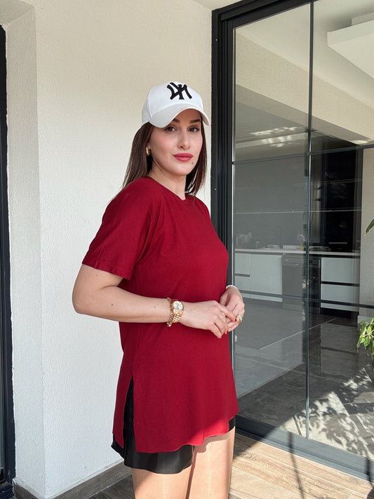 Viskon Sıfır Yaka Kısa Kol Tişört - BORDO