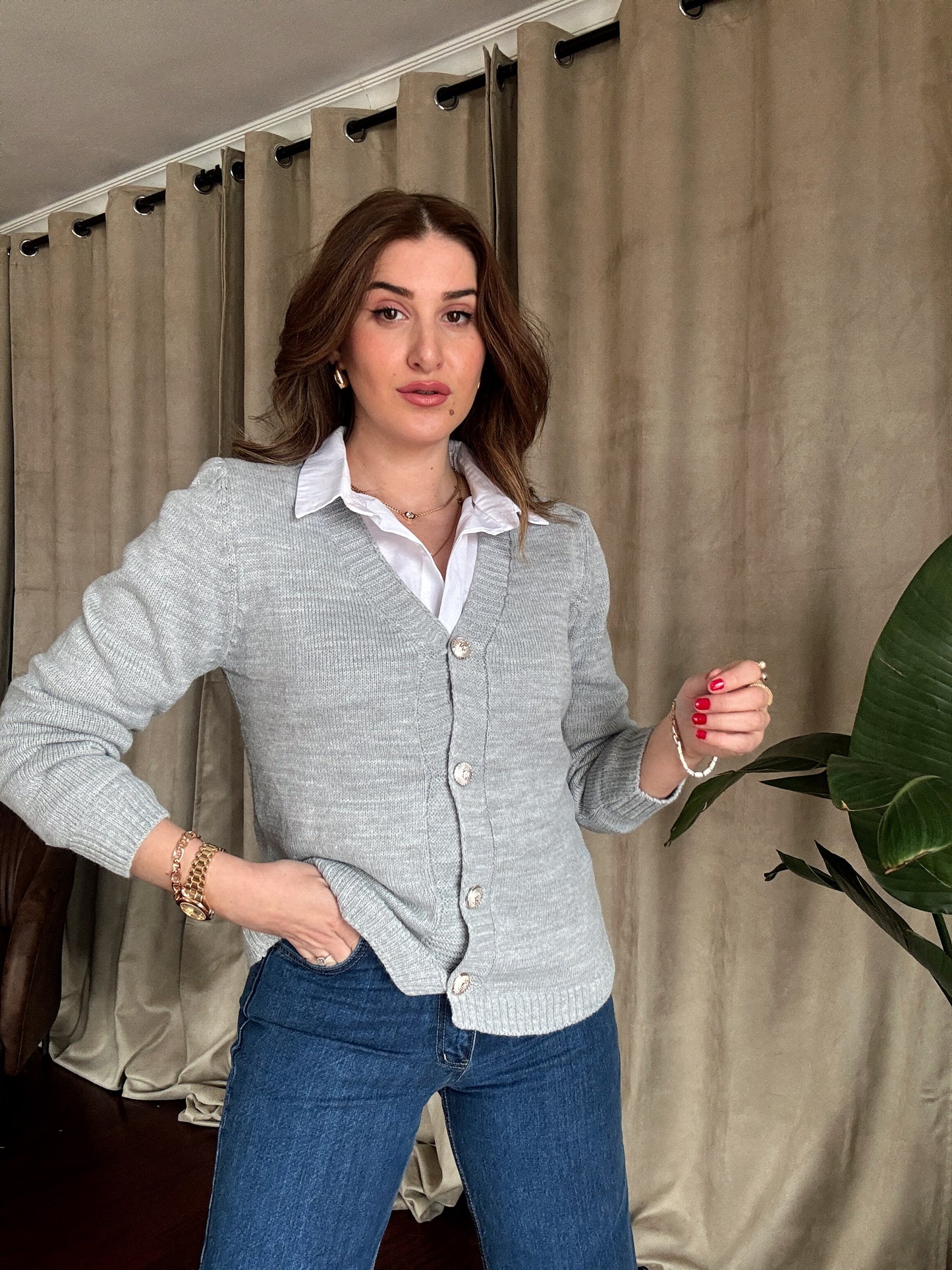 Gümüş Düğme Detaylı Triko Hırka-GRİ