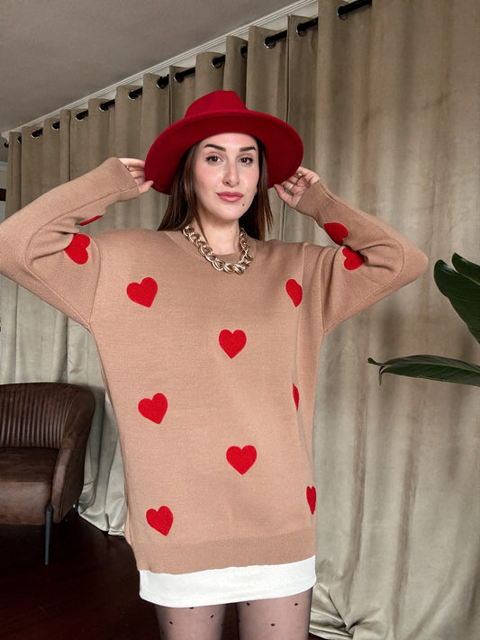 Kalp İşleme Triko Kazak - CAMEL