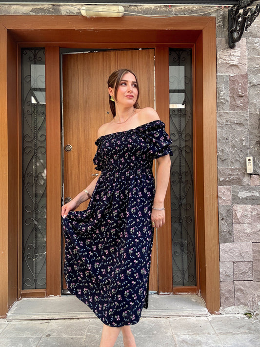 Çiçek Desen Göğüs Gipeli Elbise Lacivert