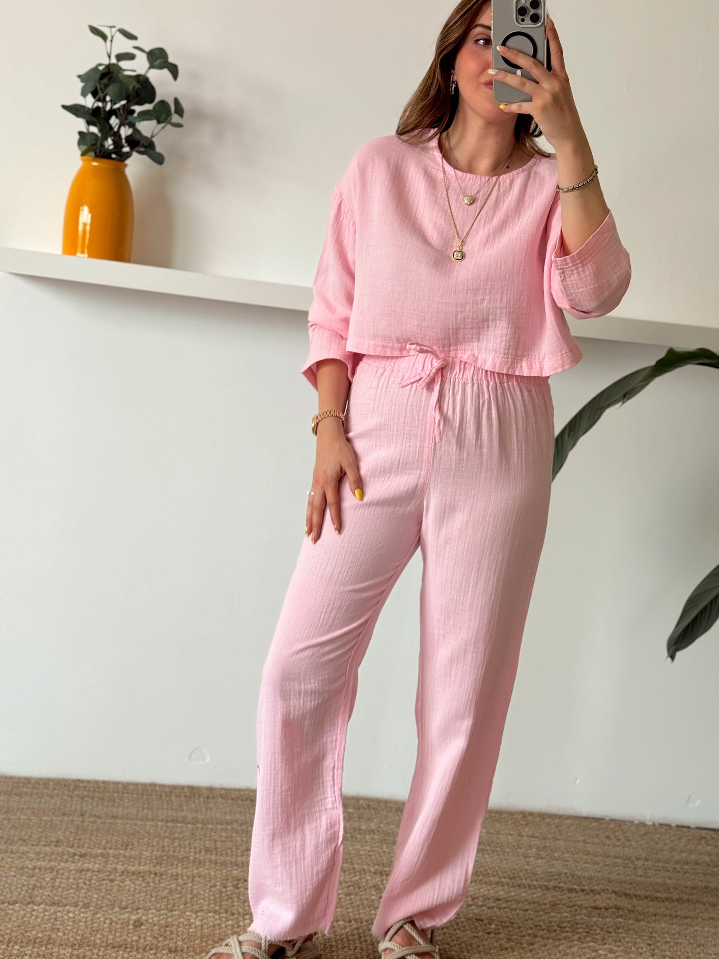 Keten uzun kol crop pantolon ikili takım PEMBE