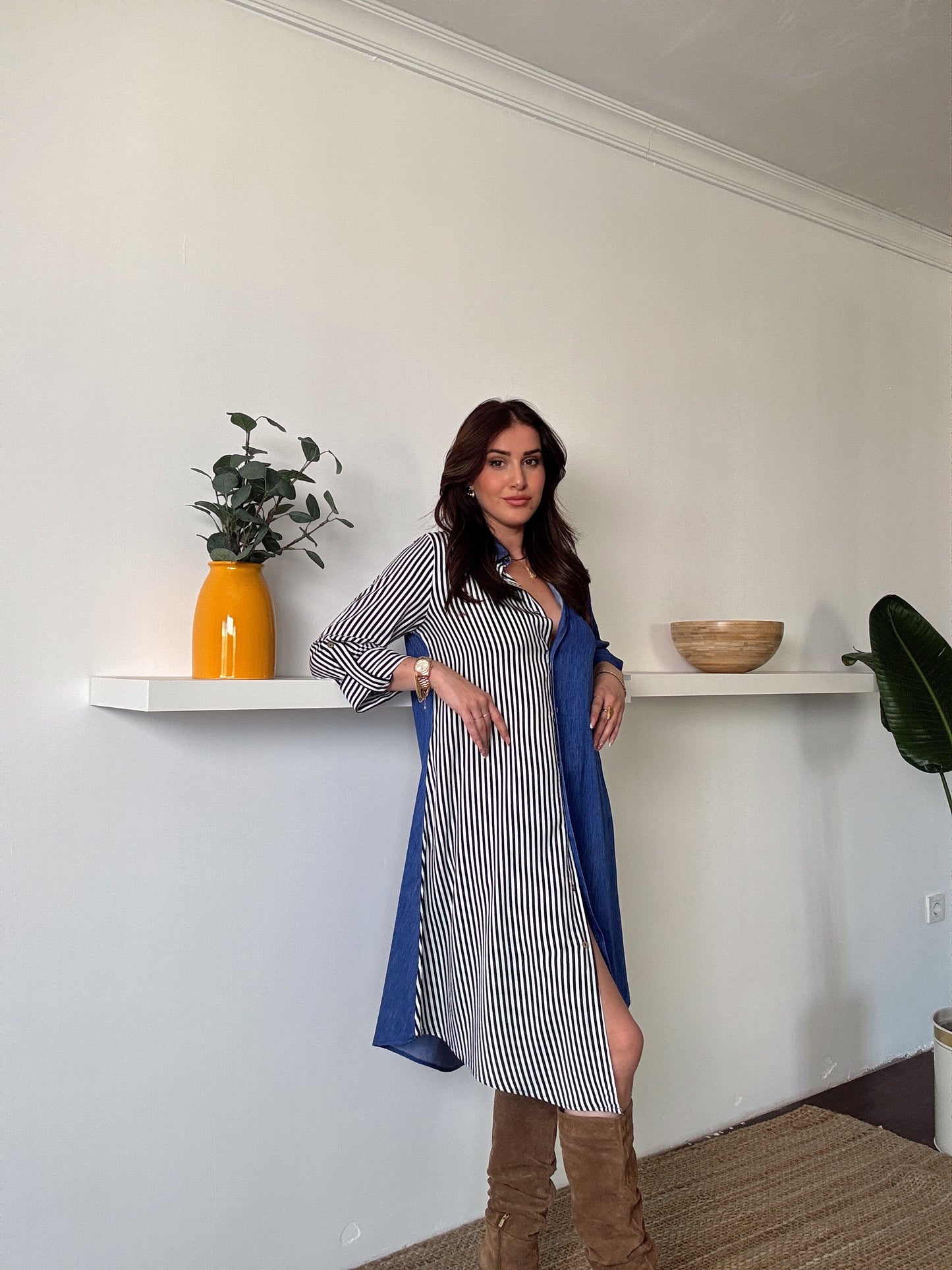 Çizgili tensel denim görünümlü elbise MAVİ