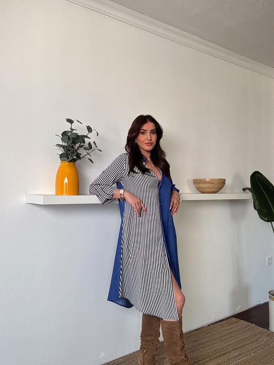 Çizgili tensel denim görünümlü elbise MAVİ