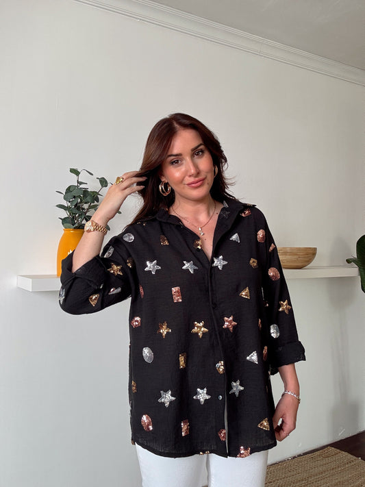 Yıldız Pul İşleme Gömle Siyah