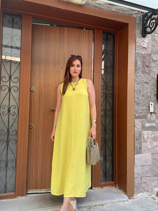 Bisiklet Yaka Düğmeli Keten Elbise Sarı