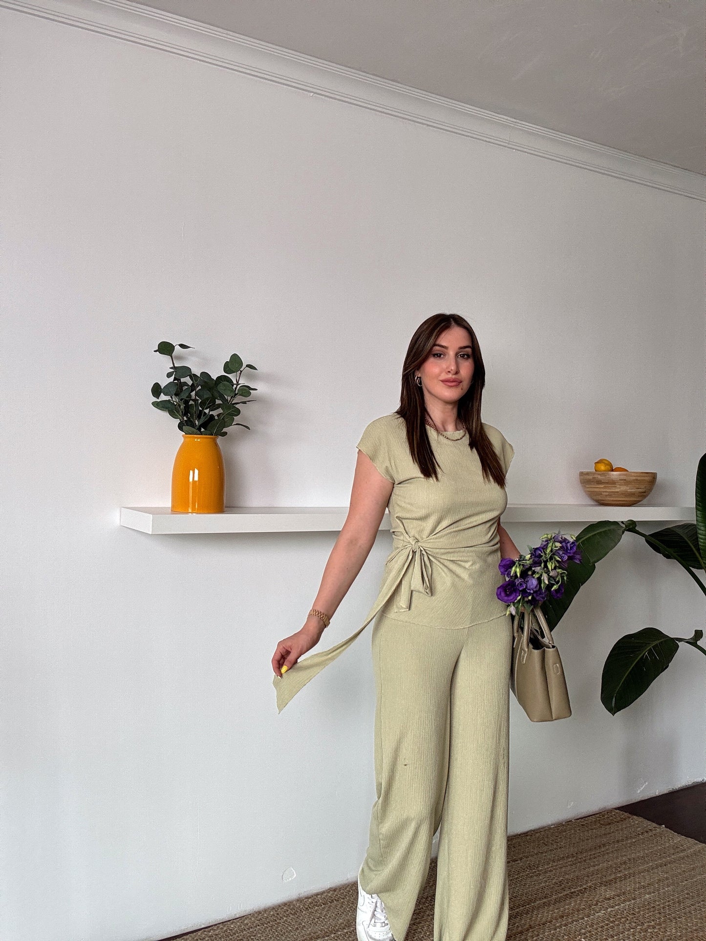 Bağlama detaylı bluz pantolon ikili takım Mint