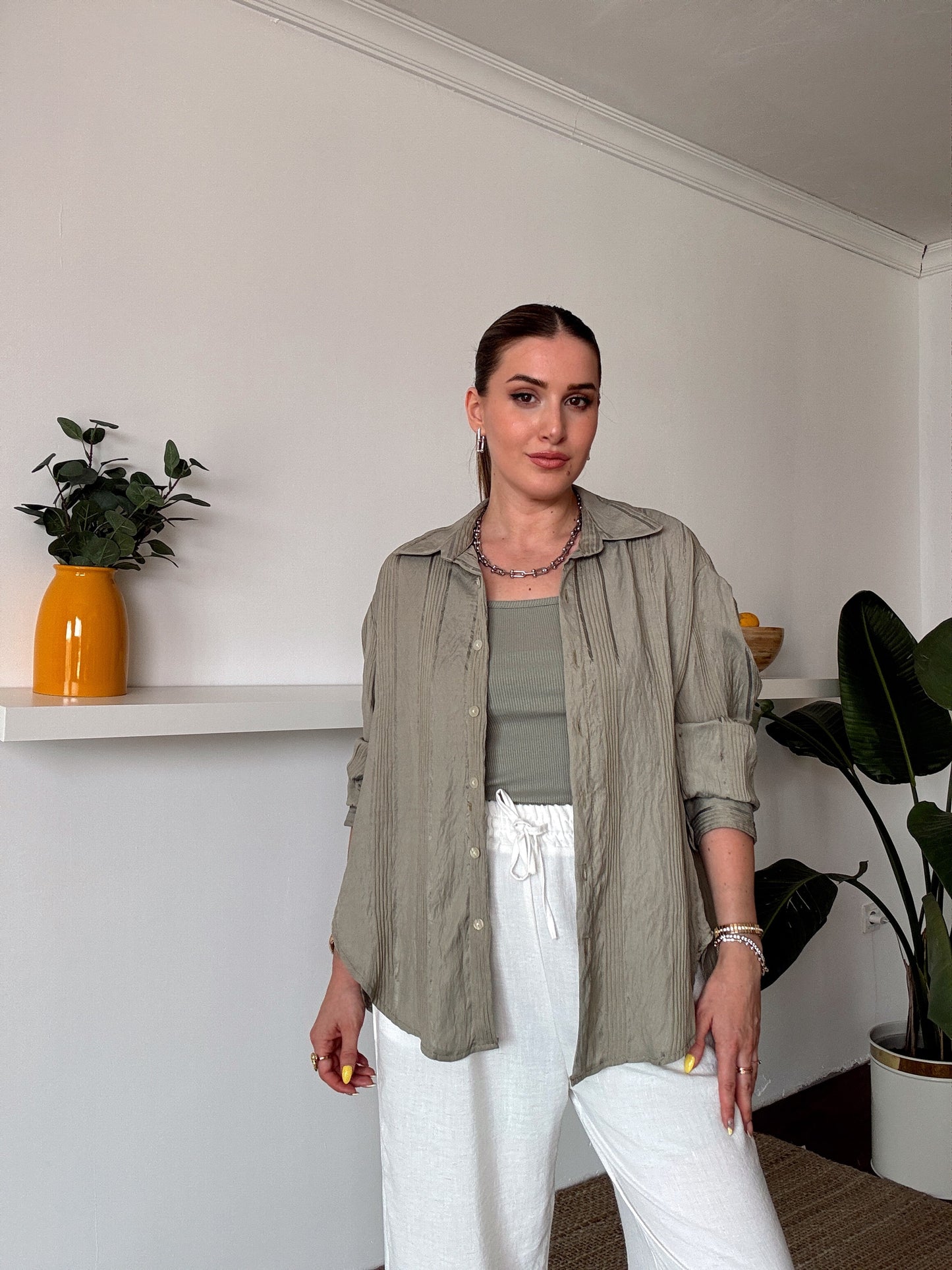 Crush çizgili atletli basic gömlek HAKİ