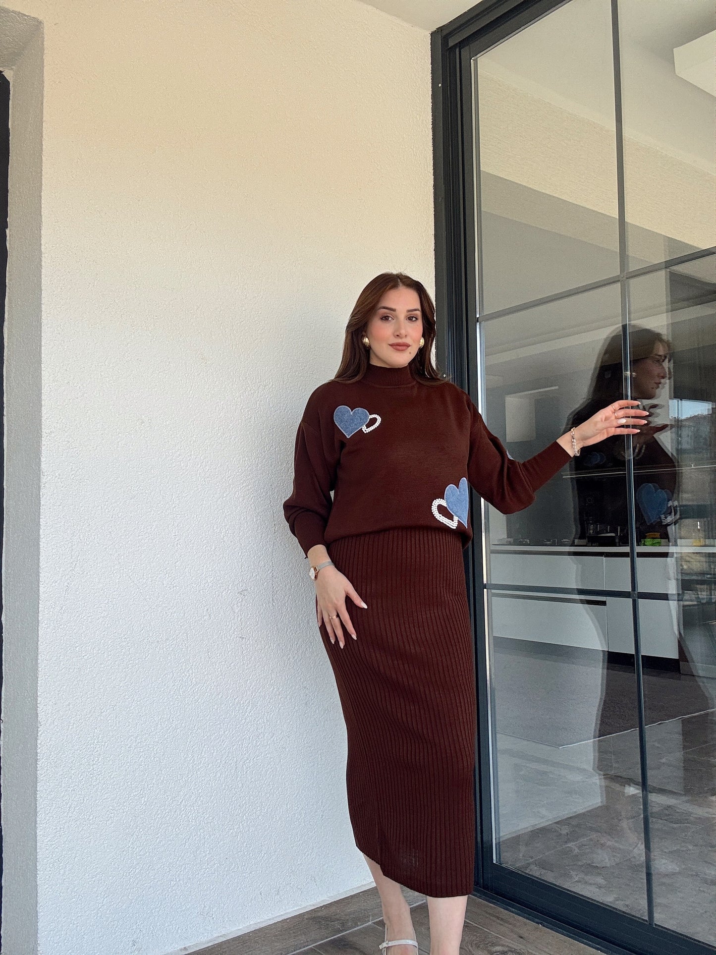 Kalpli kot garnili Jile triko takım Kahve
