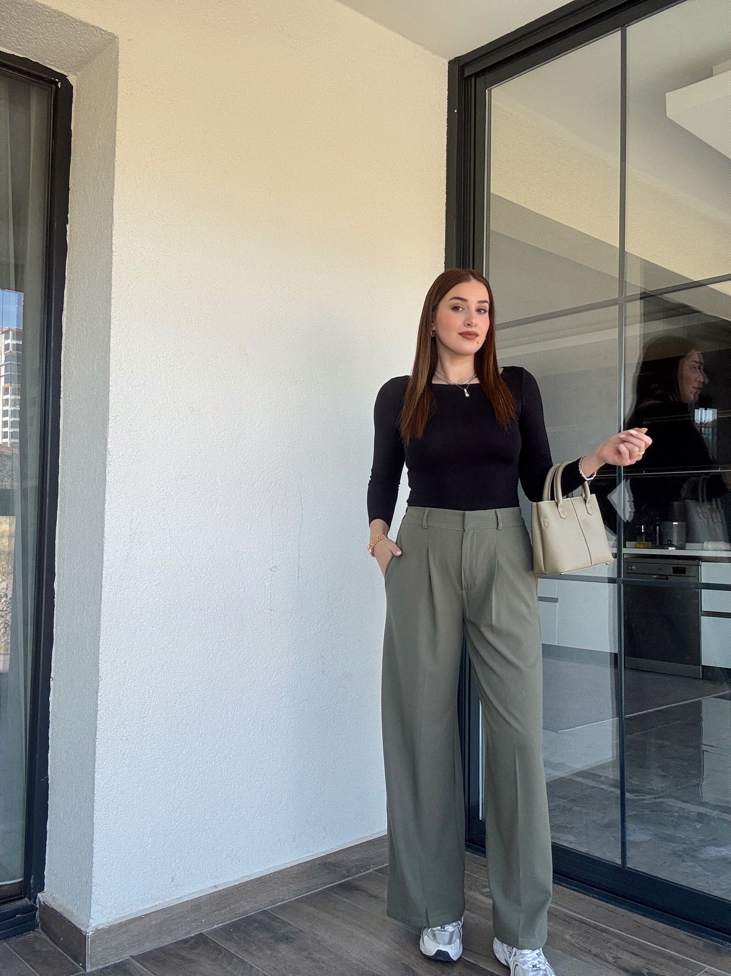 Çıtçıt detaylı palazzo pantolon-HAKİ