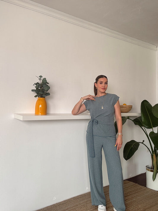 Bağlama detaylı bluz pantolon ikili takım PETROL MAVİSİ
