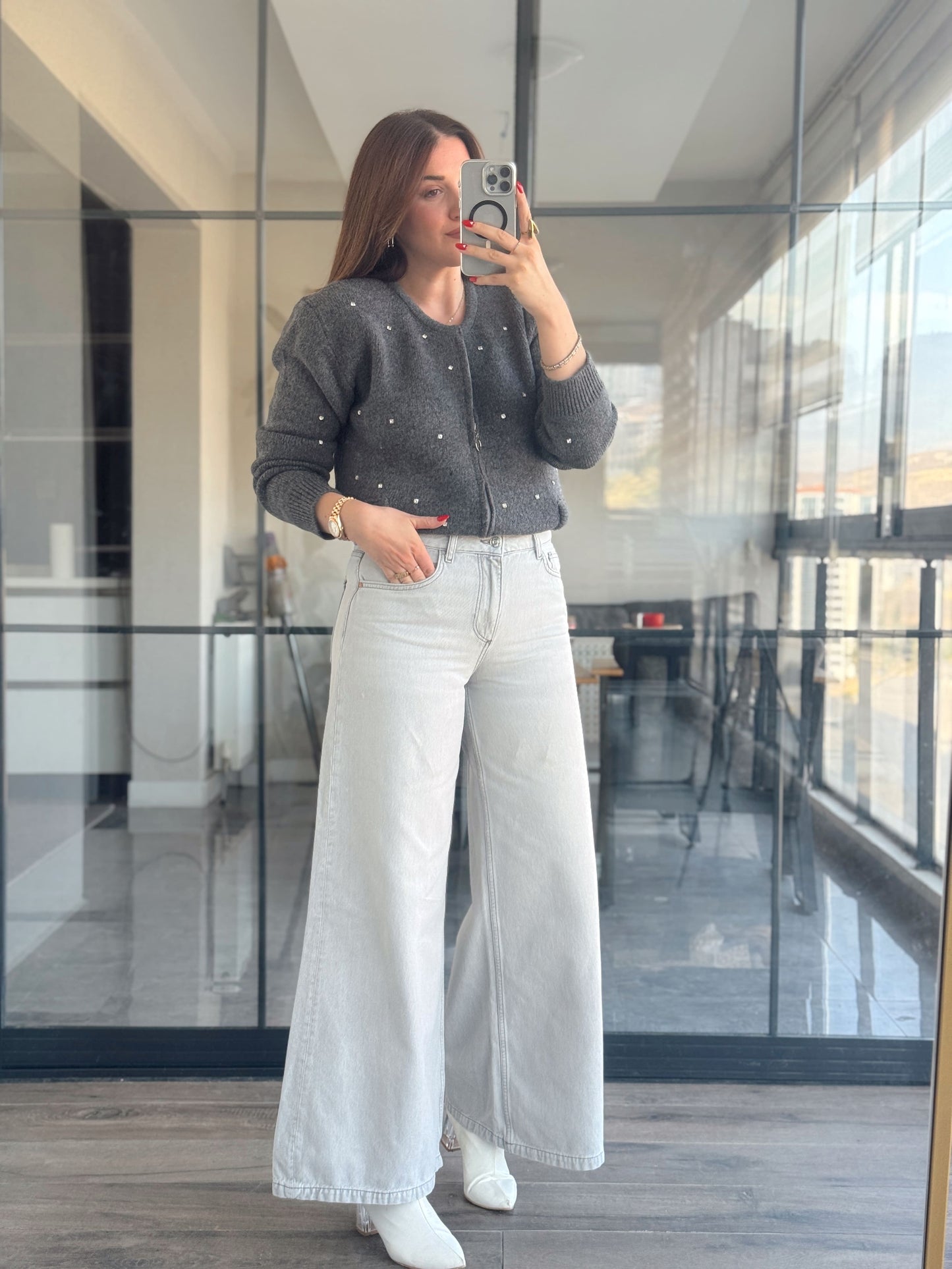 Zr model ekstra bol paça yıkamalı jean gri