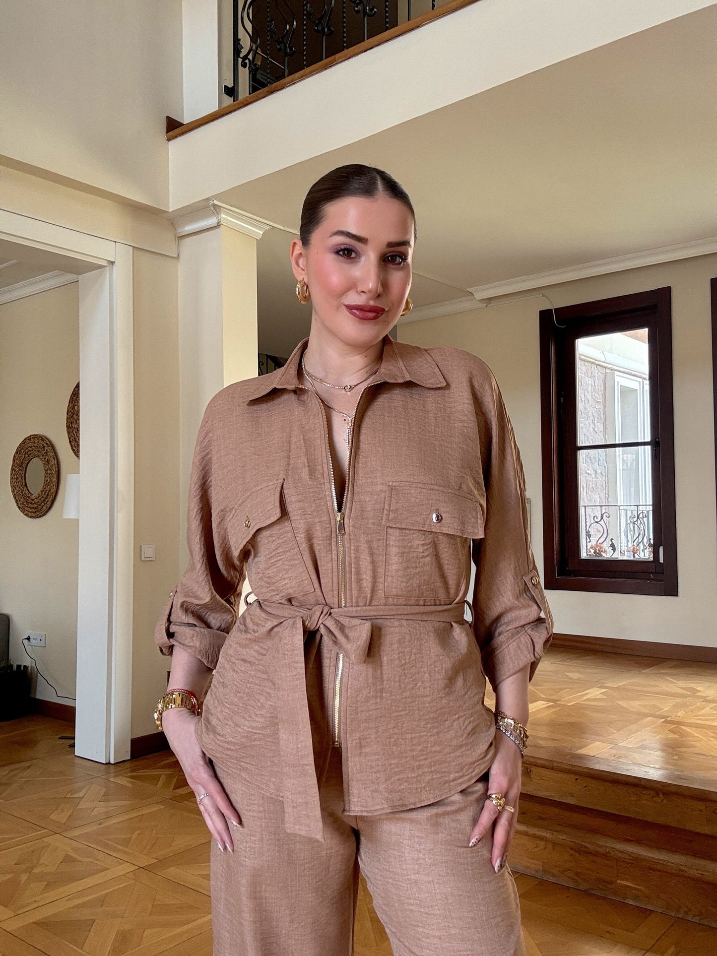 Kuşaklı Keten Takım Camel