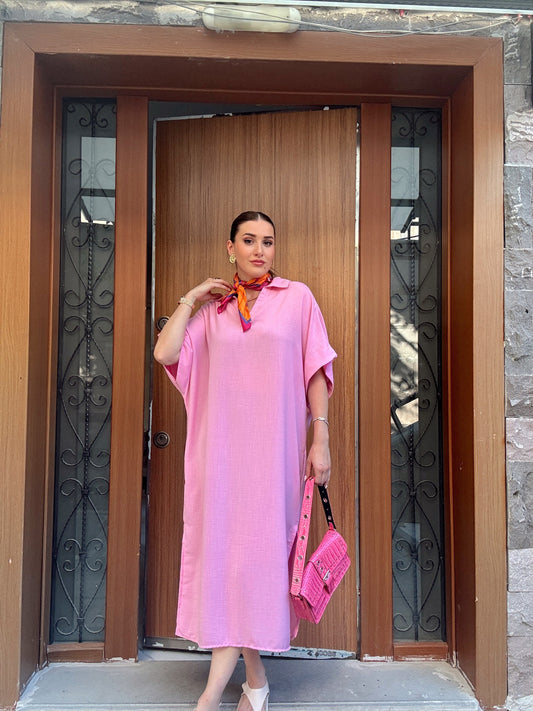 Yırtmaçlı Polo Yaka Elbise - PEMBE