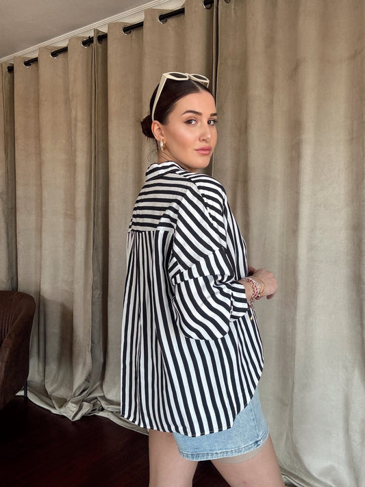 Çizgili Yarasa Kol Gömlek SİYAH