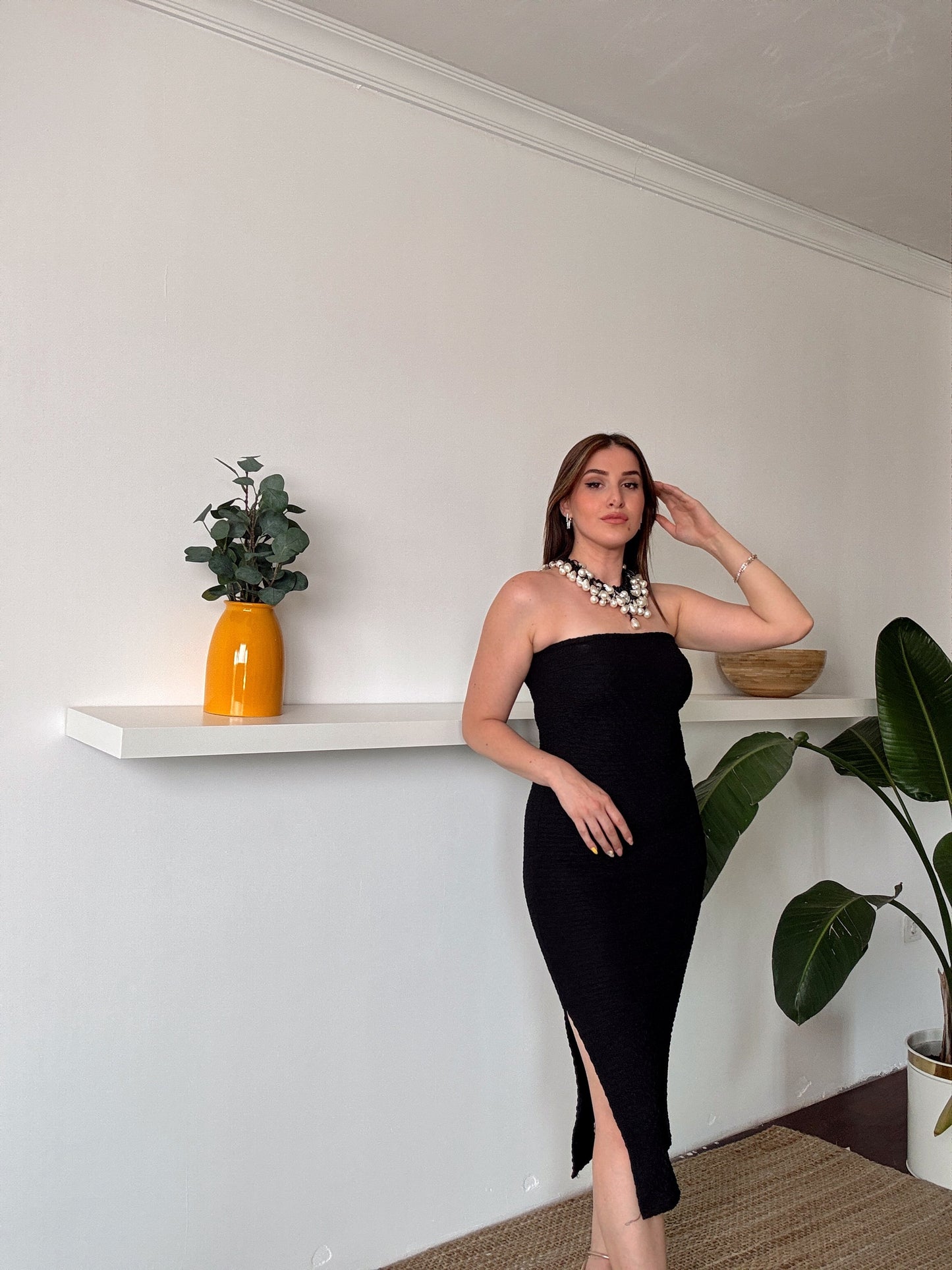 BEYDA straplez yırtmaçlı astarlı elbise SİYAH