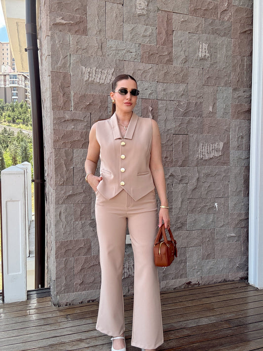 Elisa düğmeli yelekli takım BEJ