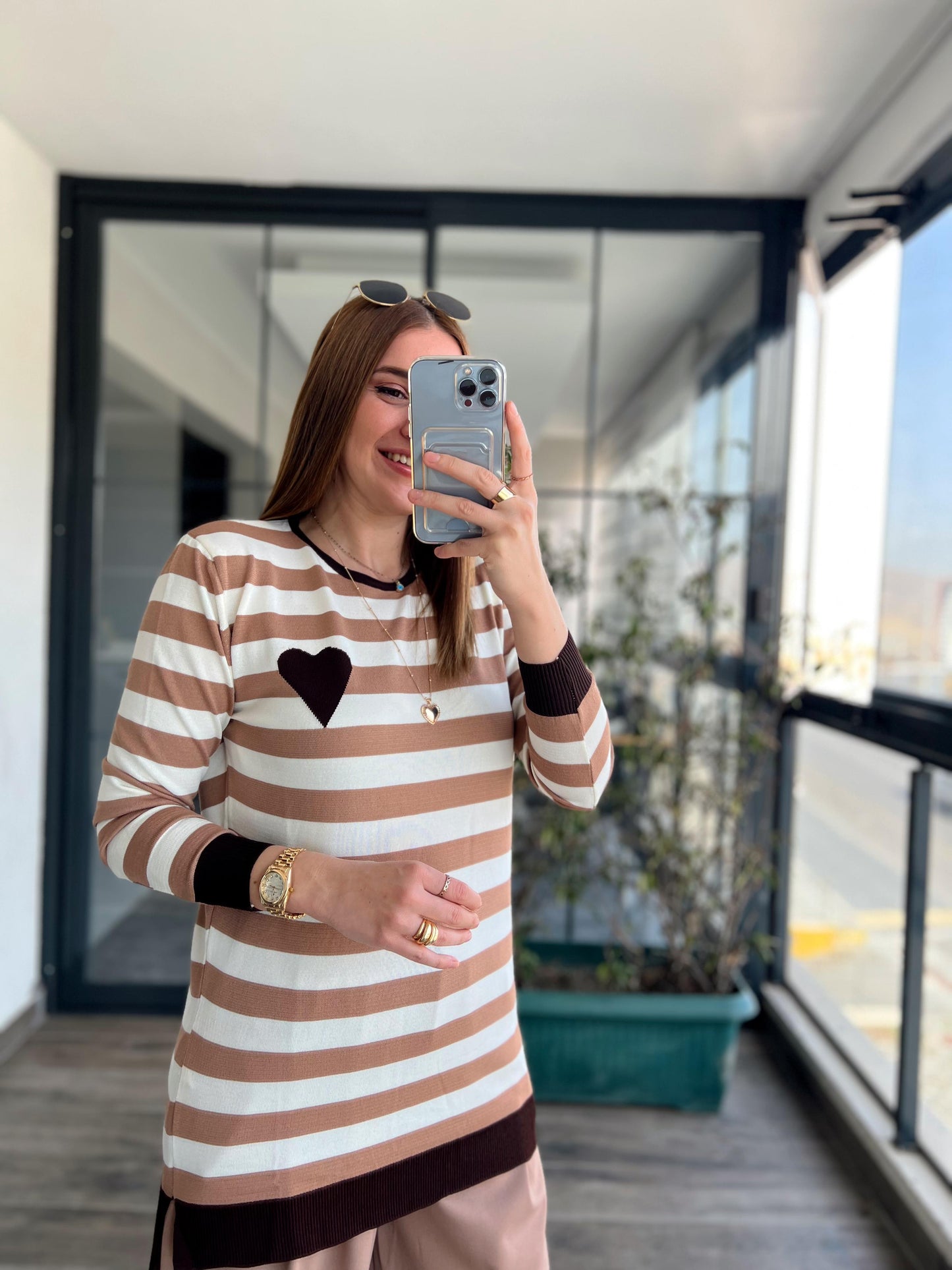 Çizgili Kalpli Triko Kazak KLS1027 KAHVE