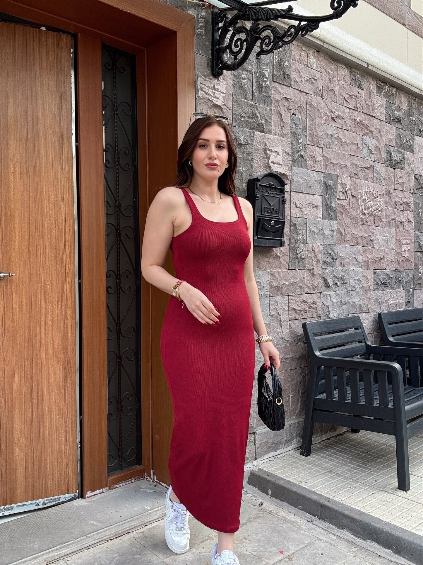 Fitilli modal kumaş askılı elbise Bordo