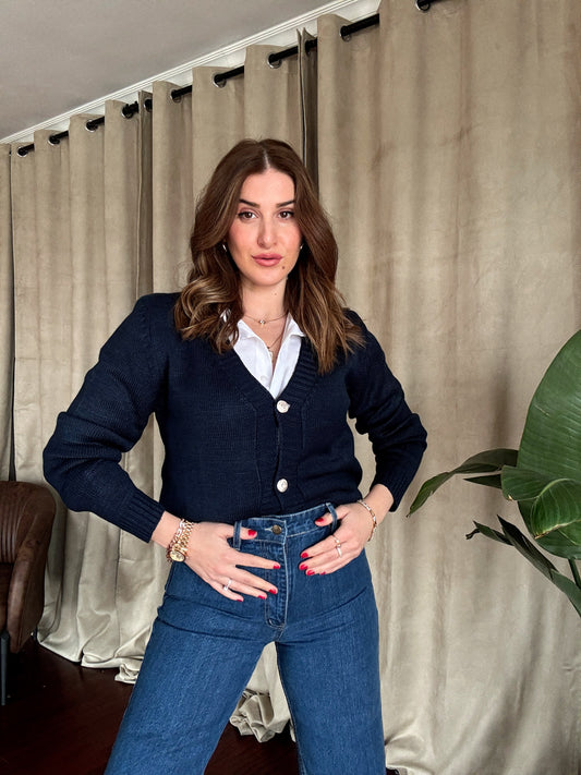 Gümüş Düğme Detaylı Triko Hırka-LACİVERT