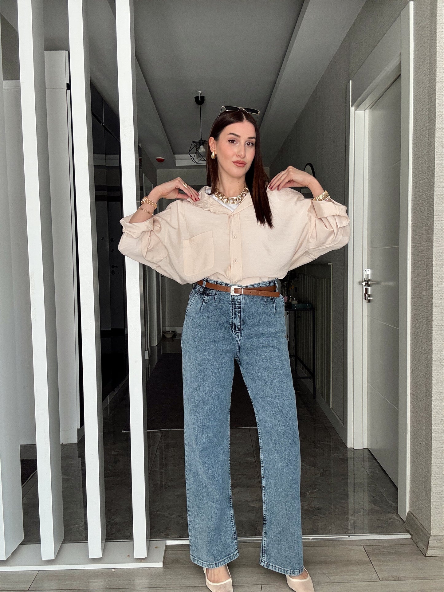 Kemerli Kot Pantolon - MAVİ