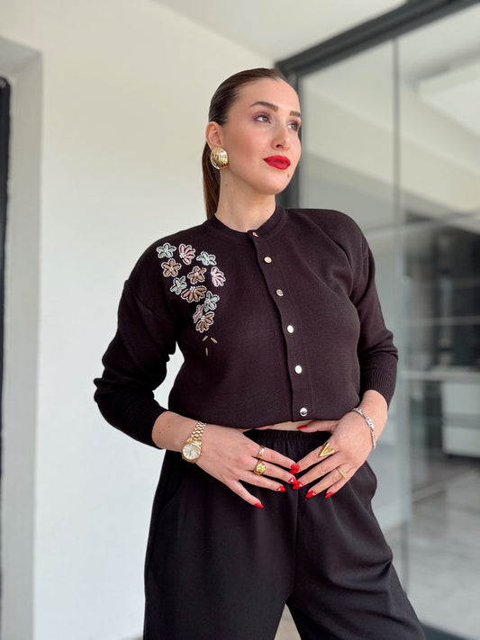 Papatya çiçekli hırka Siyah