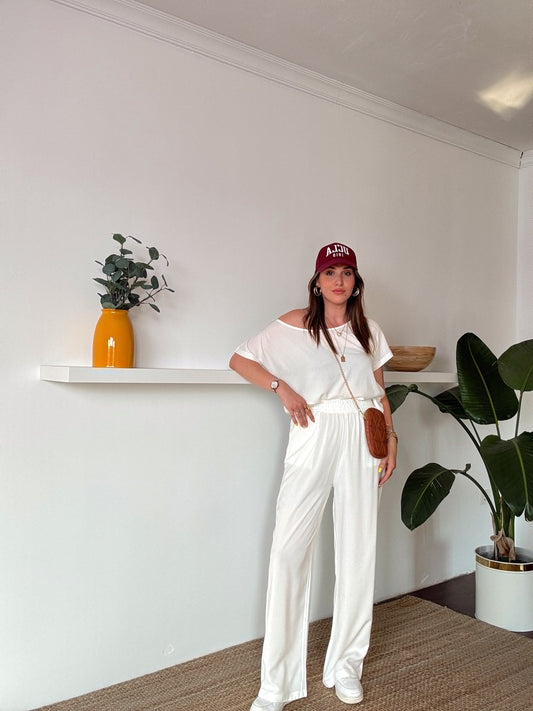 Düşük omuz detaylı tensel kumaş takım BEYAZ