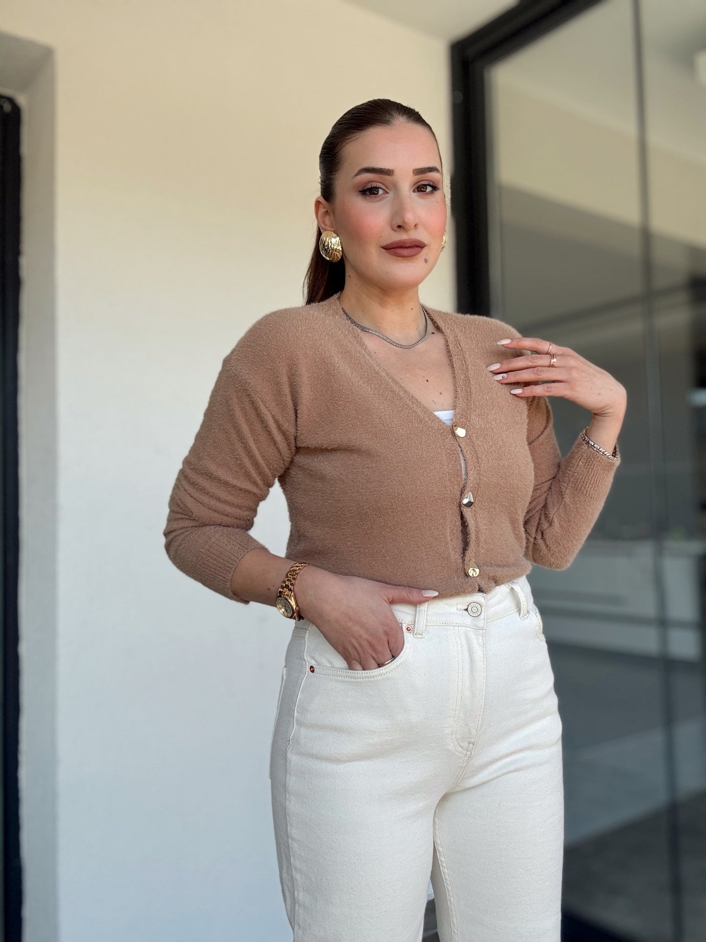 V Yaka yumoş ceket-CAMEL