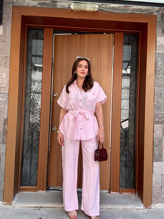 Kısa kollu polo yaka kemerli takım PEMBE