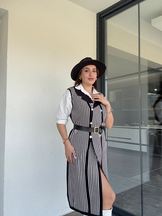 Çizgili Kemerli Uzun Yelek Siyah