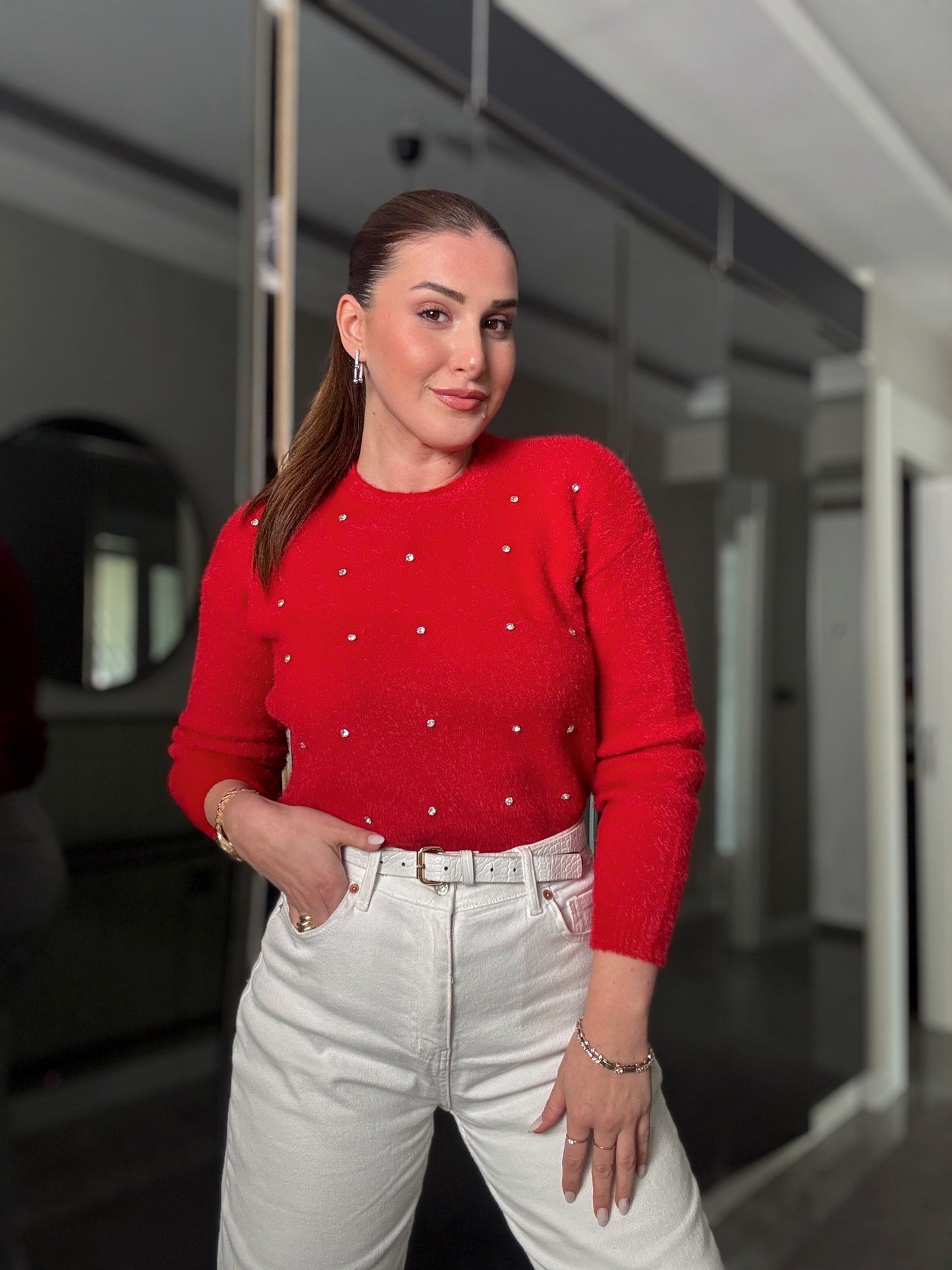 Taşlı sakal triko bluz kırmızı