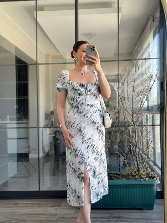 Vintage Desen Yırtmaçlı Kurdeleli Elbise - GRİ