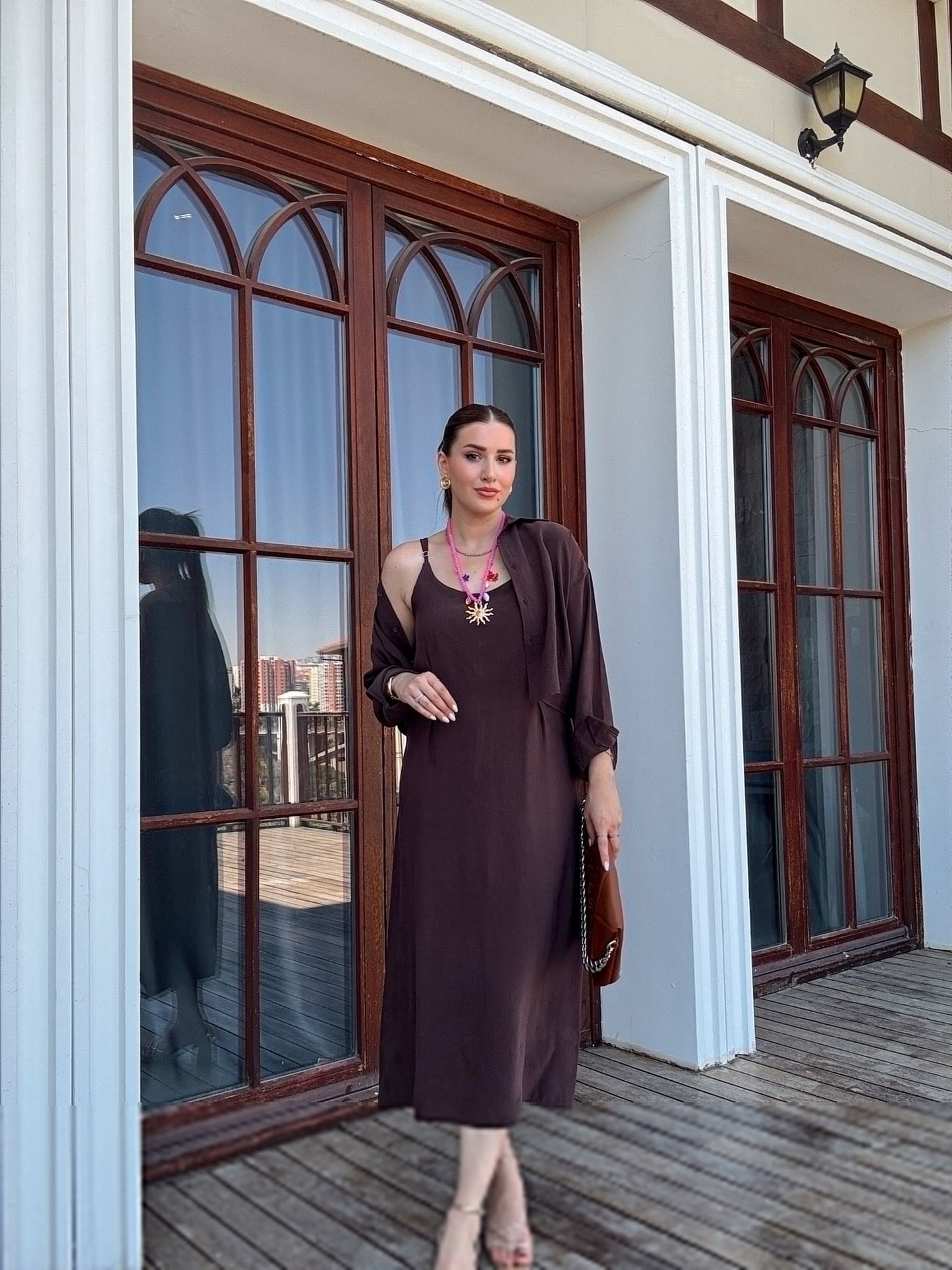 LİZBON gömlek elbiseli ikili takım KAHVERENGİ