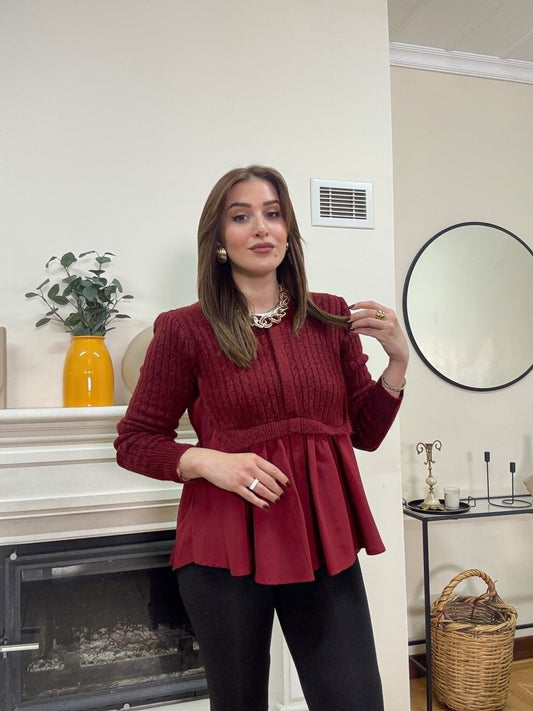 Poplin gömlek garnili triko kazak -BORDO