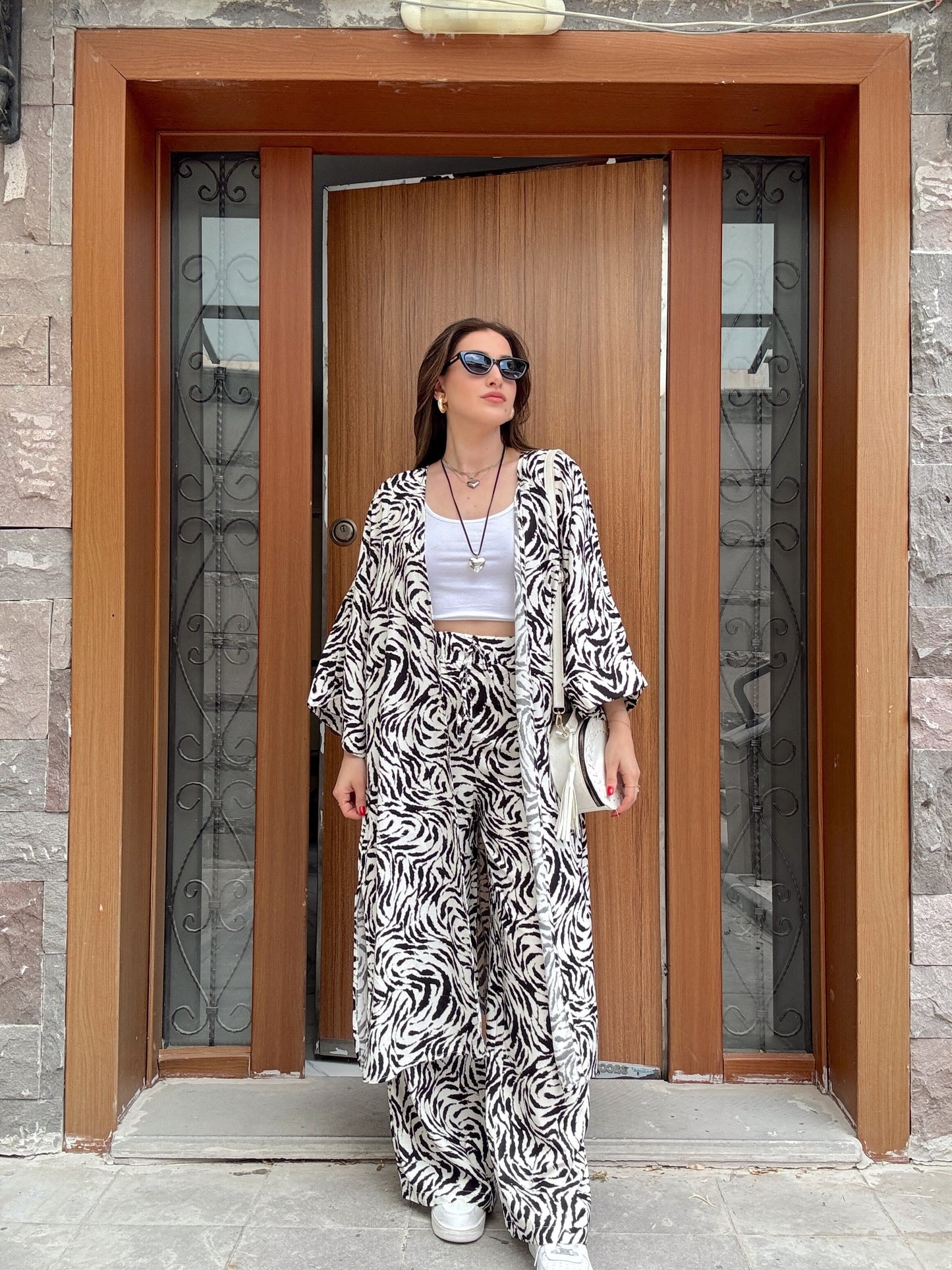 Desenli Kimono Takım Beyaz